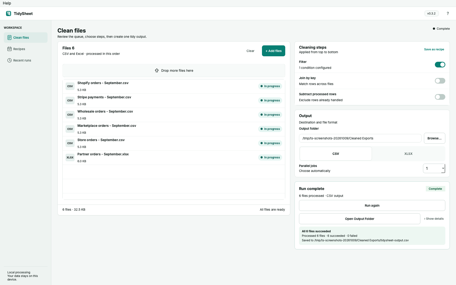 TidySheet completion summary showing six files succeeded and zero failed