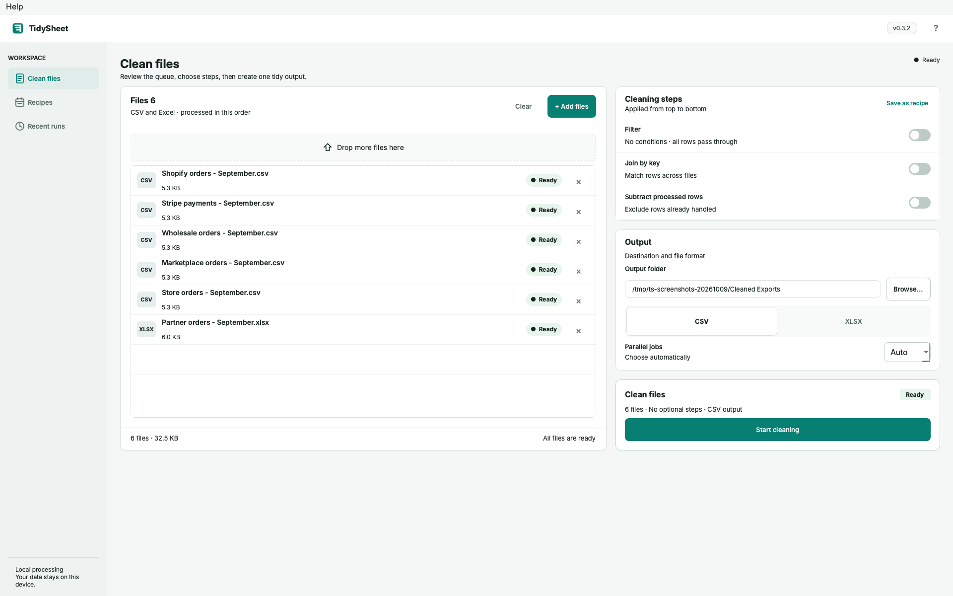 TidySheet with six September CSV and Excel exports queued
