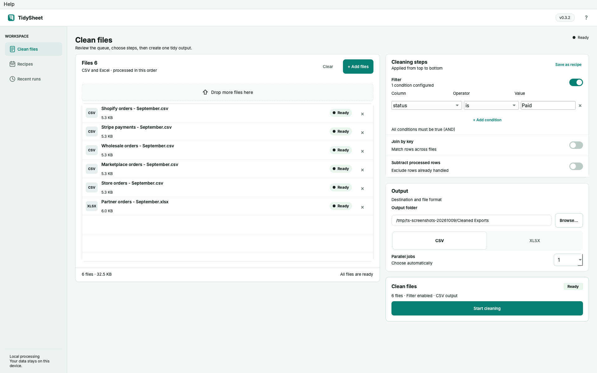 TidySheet filter configured for status is Paid, with CSV output selected